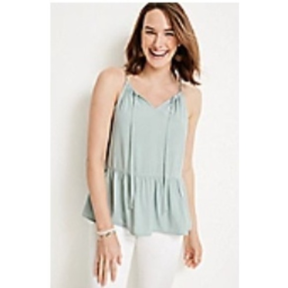 Flowy Peplum Cami Tank Blouse XL Blue Maurices Tie Front V-Neck - Picture 2 of 5